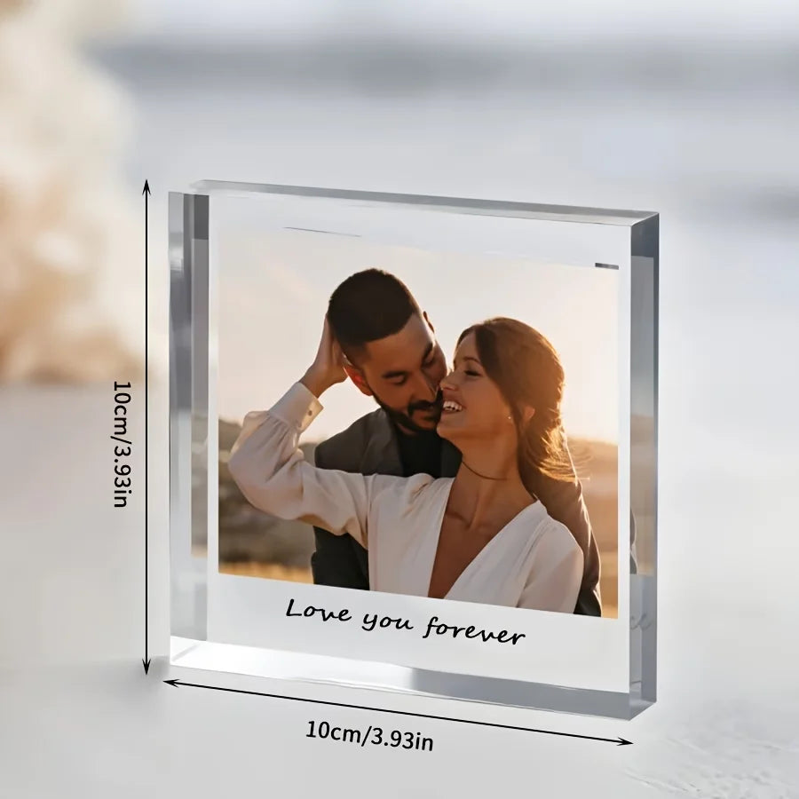 A Custom Acrylic Desktop Decoration with Personalized Photo Options, Including Artistic Images, Couple Portraits, and Family Pho