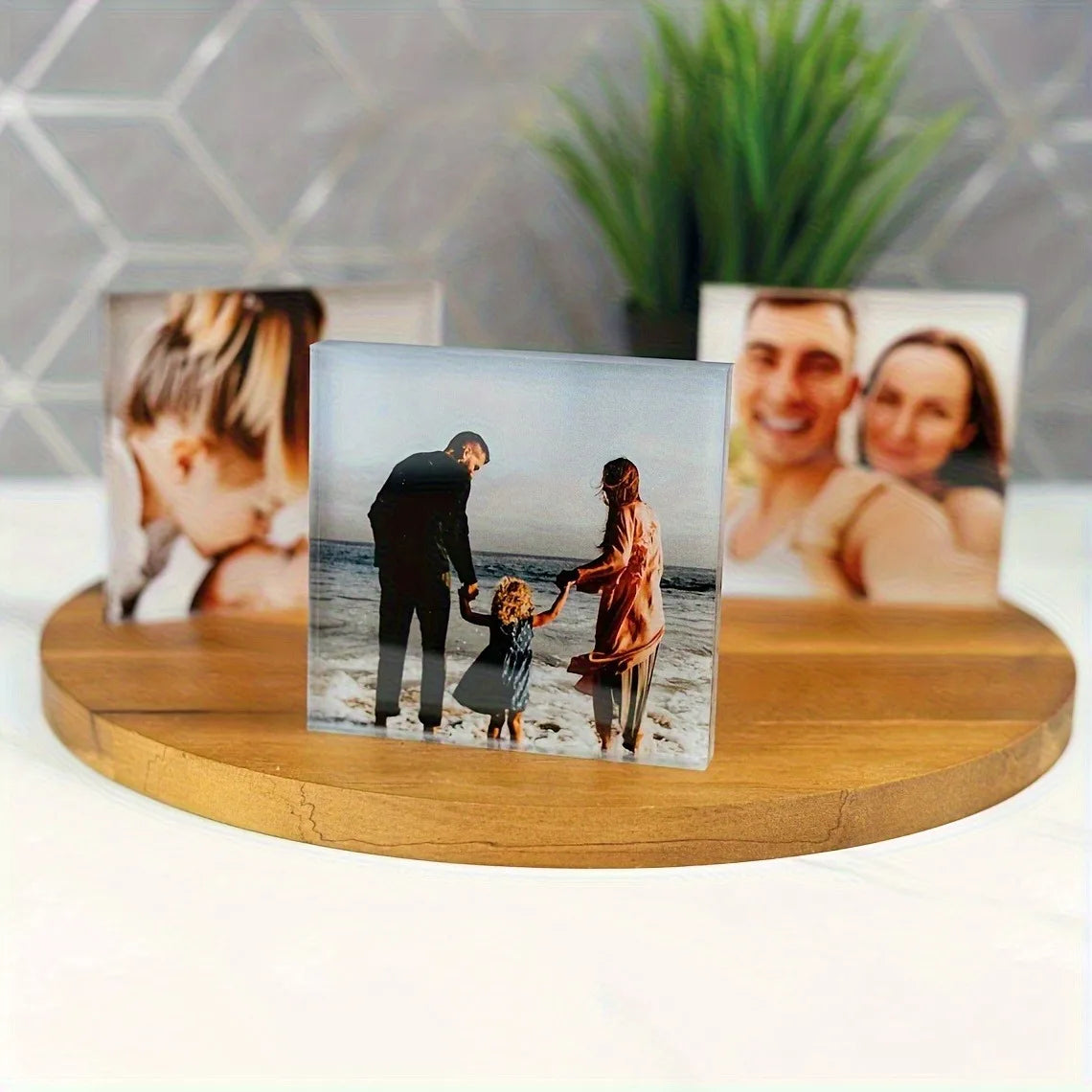 A Custom Acrylic Desktop Decoration with Personalized Photo Options, Including Artistic Images, Couple Portraits, and Family Pho