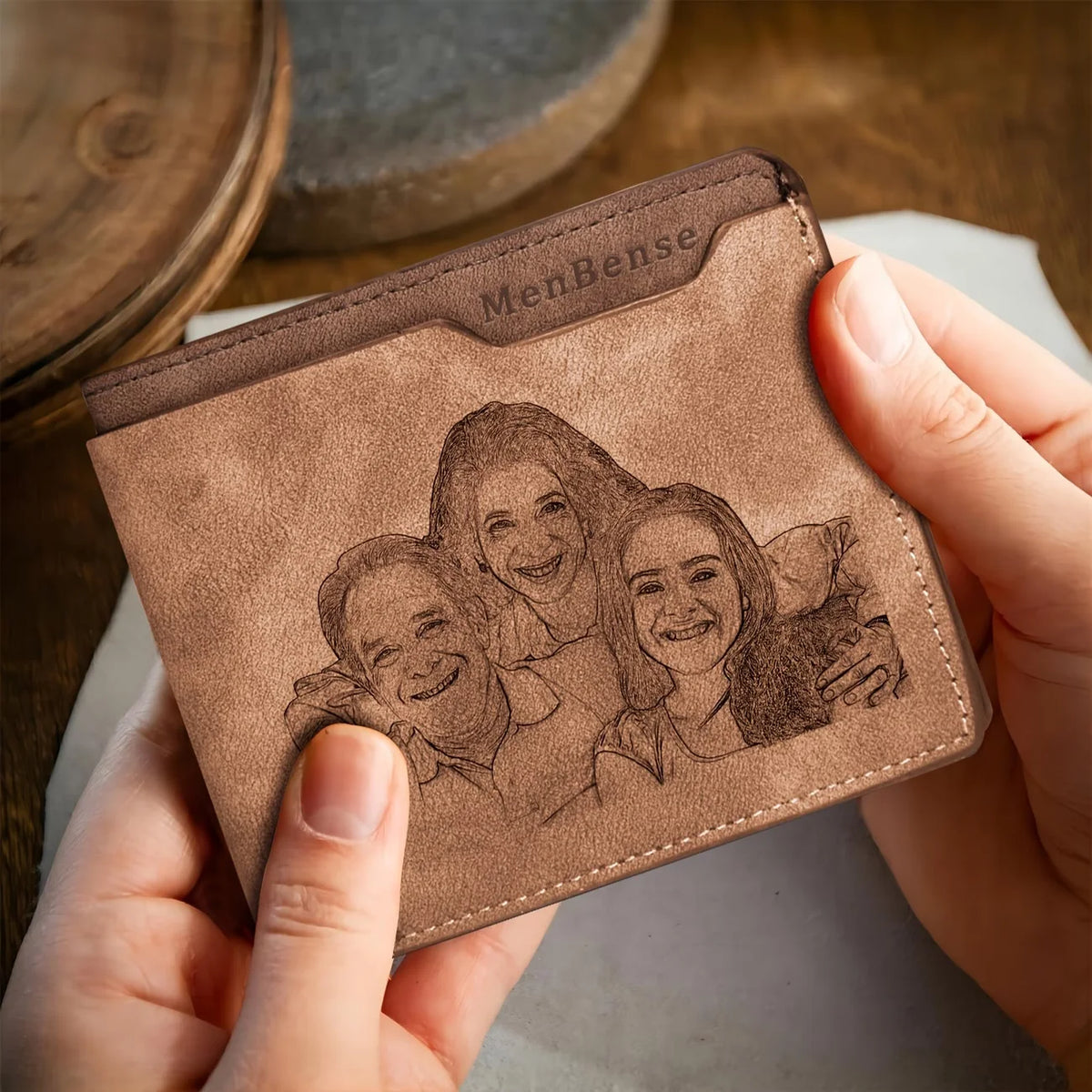 Personalised engraved photo wallet for men – product photo