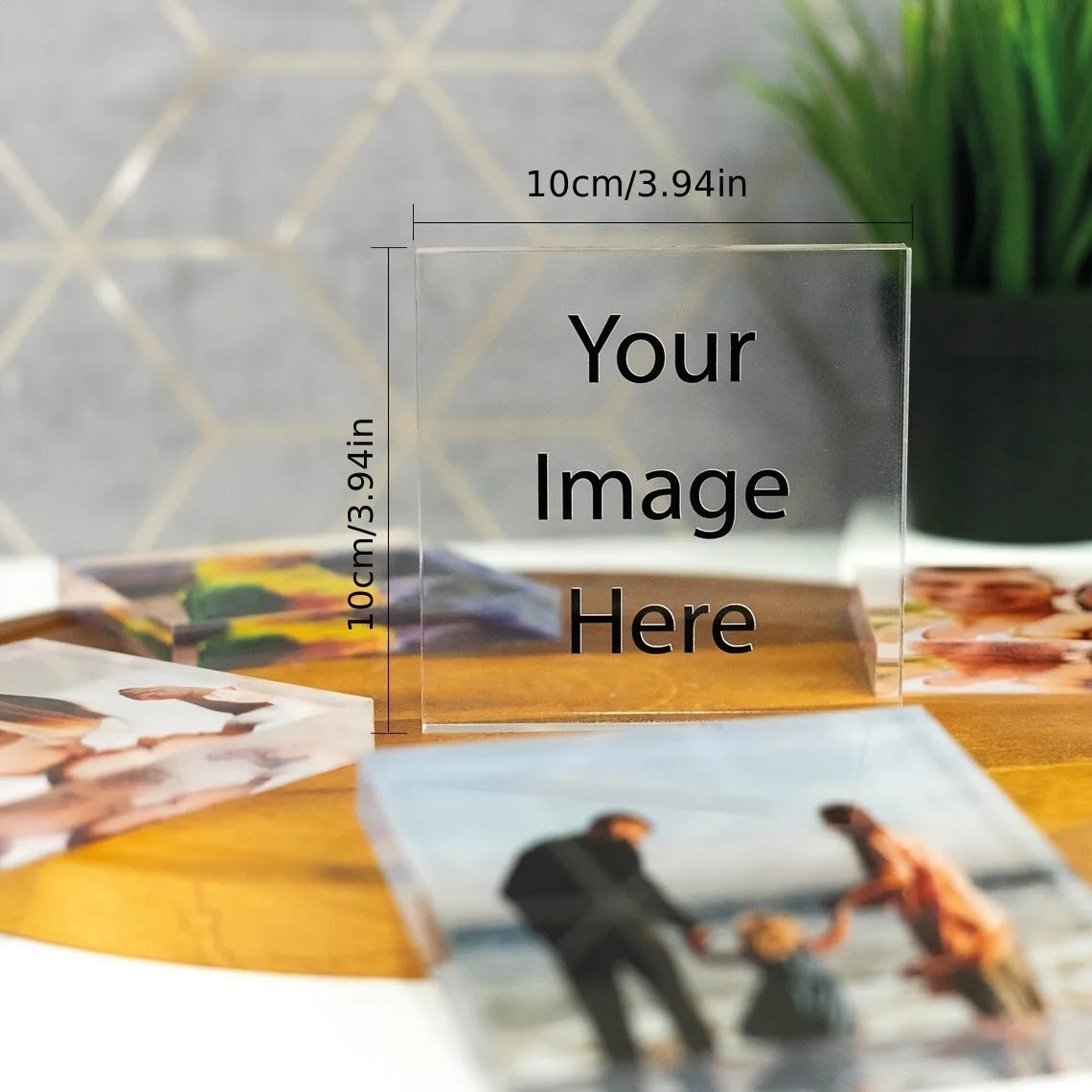 A Custom Acrylic Desktop Decoration with Personalized Photo Options, Including Artistic Images, Couple Portraits, and Family Pho