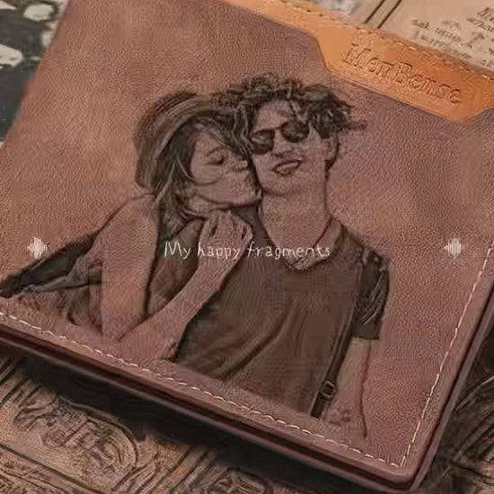 Video of the personalised engraved photo wallet showing engraved couple and family photos