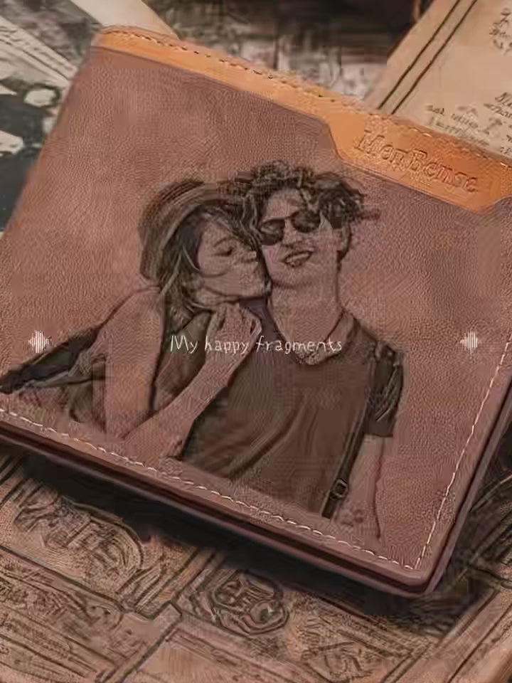 Video of the personalised engraved photo wallet showing engraved couple and family photos