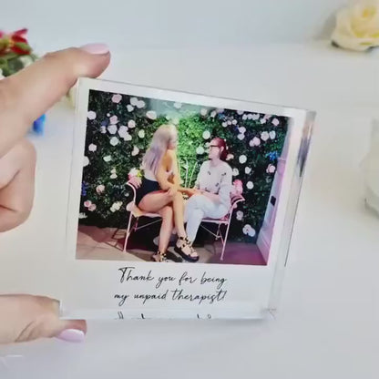 Video of the personalised acrylic photo plaque with a printed photo and message, shown from different angles
